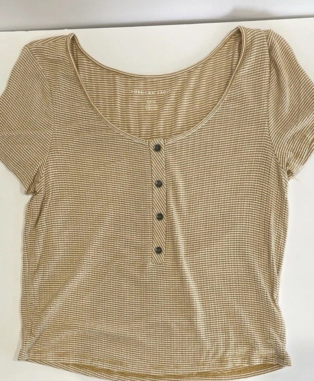 American Eagle Striped Baby Tee With Button Detail